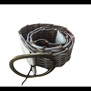 VTG Leather Woven White Bronze Belt Large Oval Brass Buckle Size M Boho